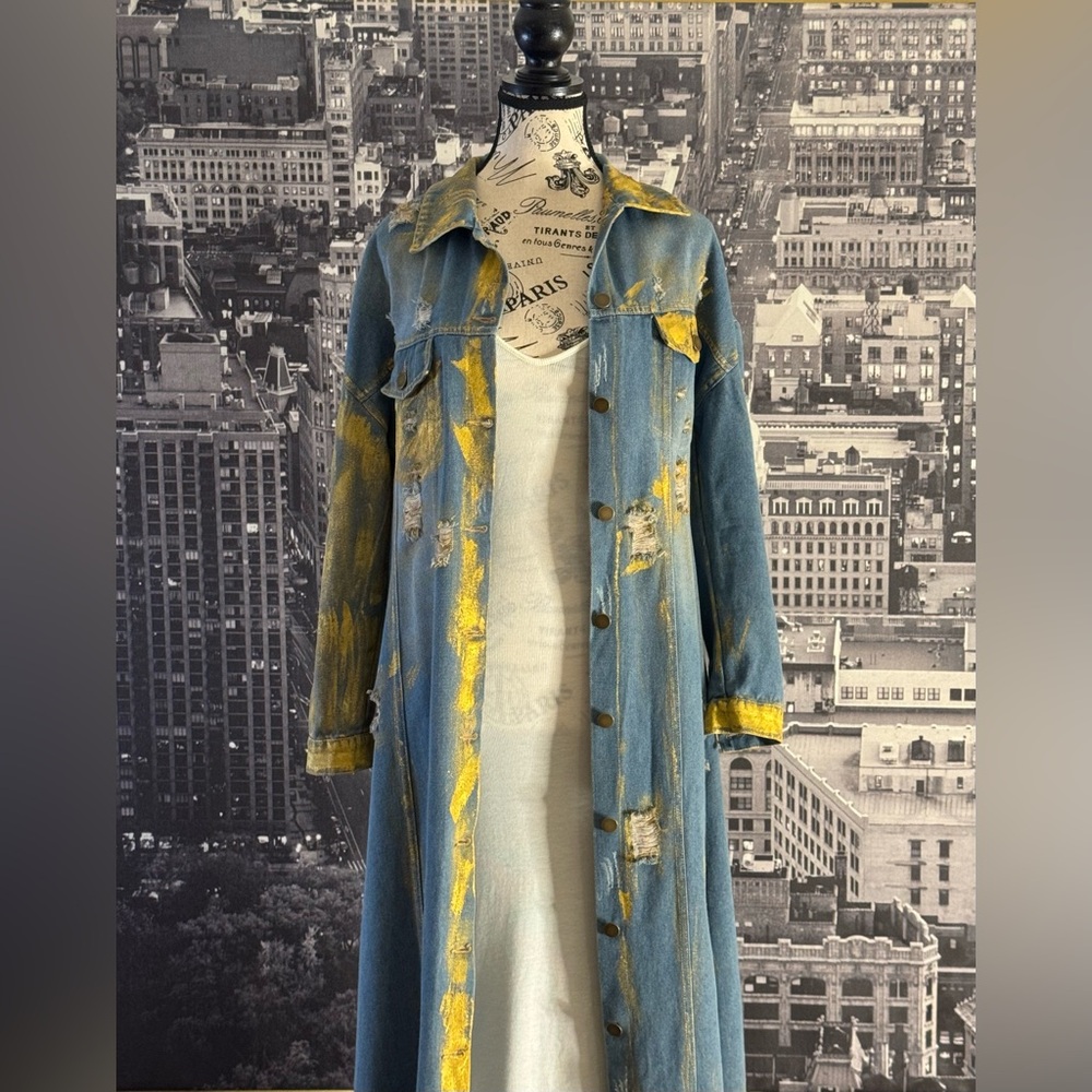 Distressed Hand-Painted Denim Maxi Duster Jacket w. Gold Finish - Picture 4 of 16